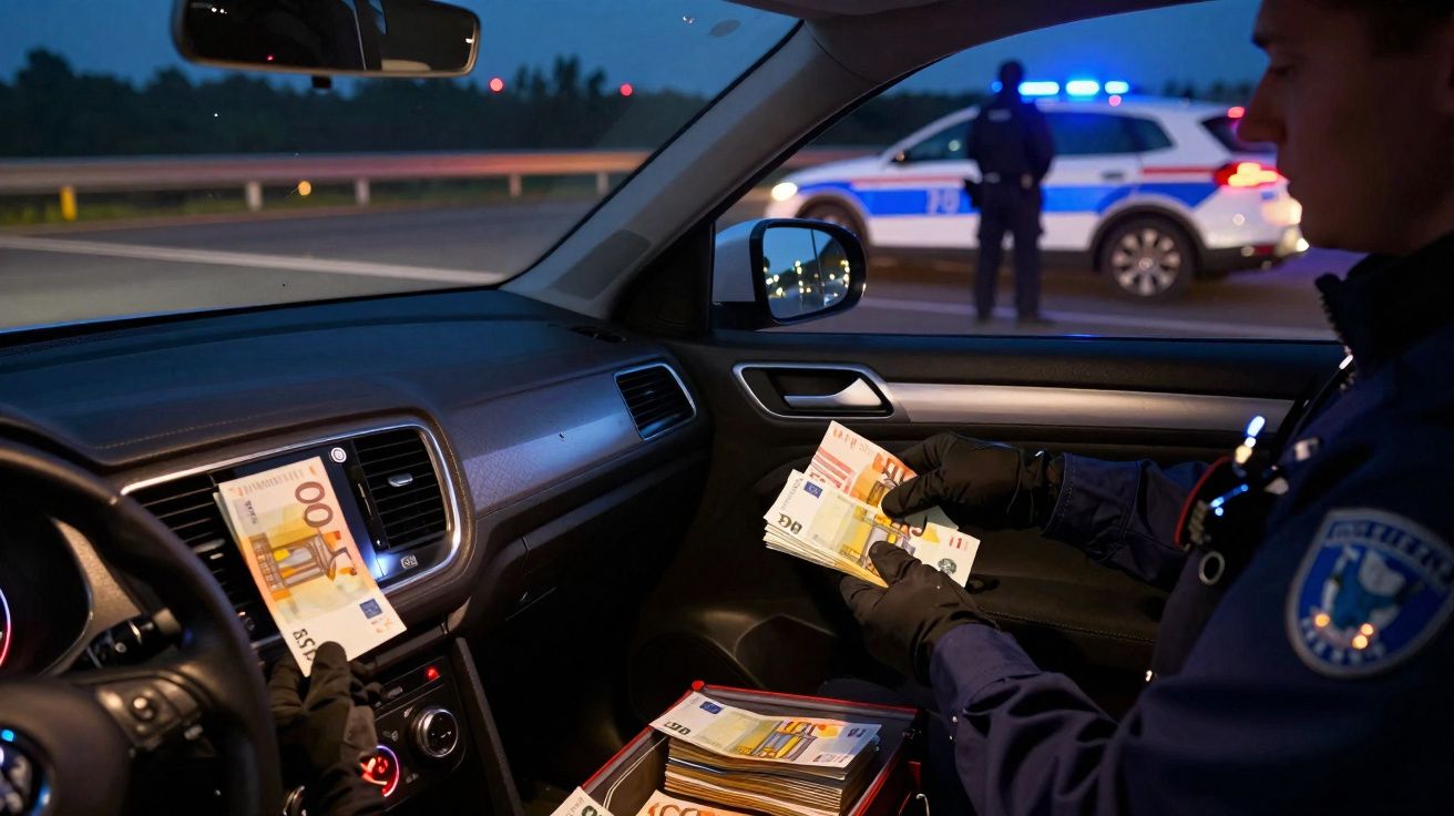 Polícia dentro de carro a contar várias notas de 100 euros durante uma operação à noite.