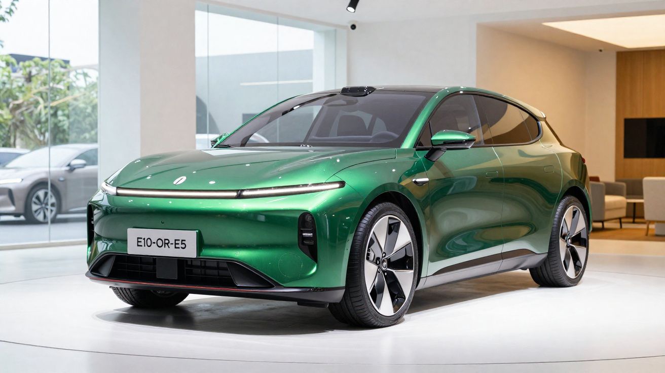 Carro elétrico verde metálico estacionado em espaço interior moderno e minimalista.