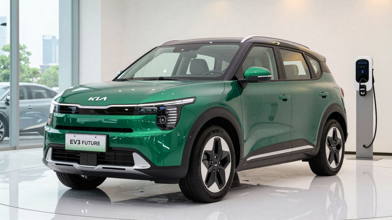 Carro elétrico Kia EV3 Future verde estacionado junto a um posto de carregamento numa sala iluminada.