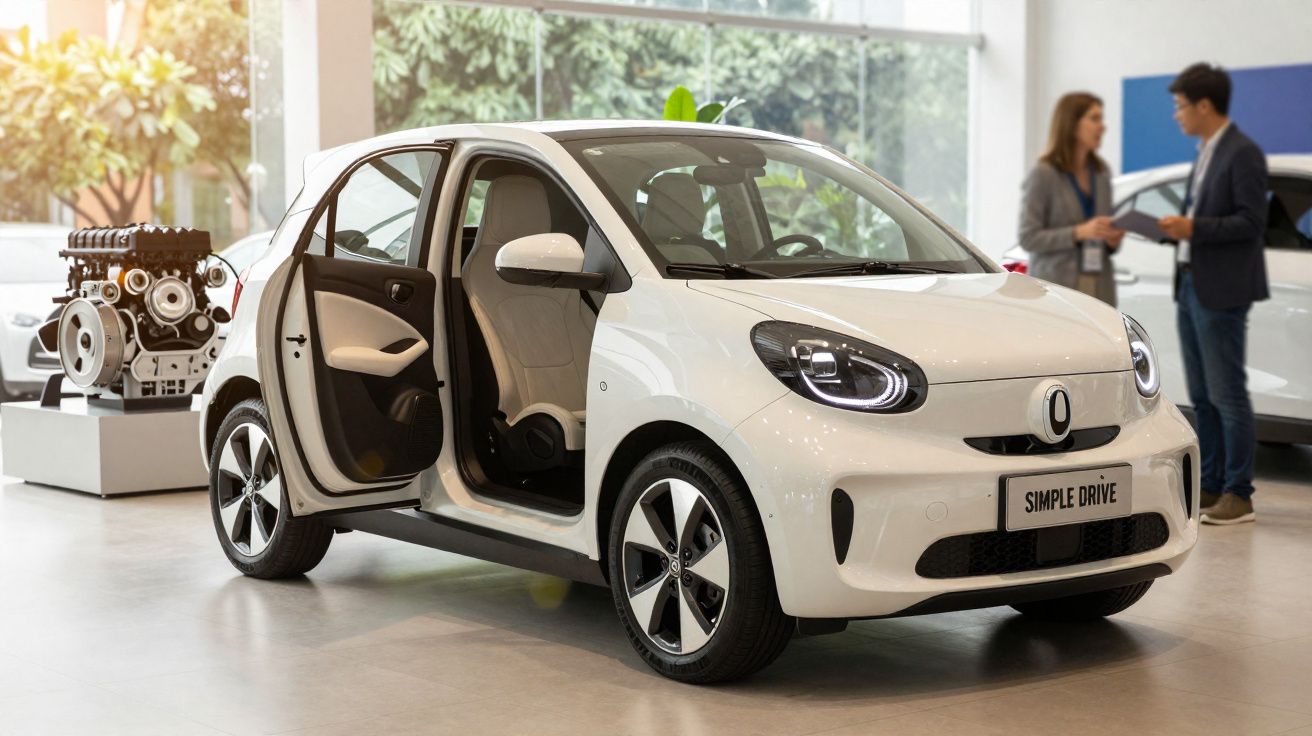 Carro elétrico branco com porta aberta exposto em showroom com duas pessoas ao fundo.