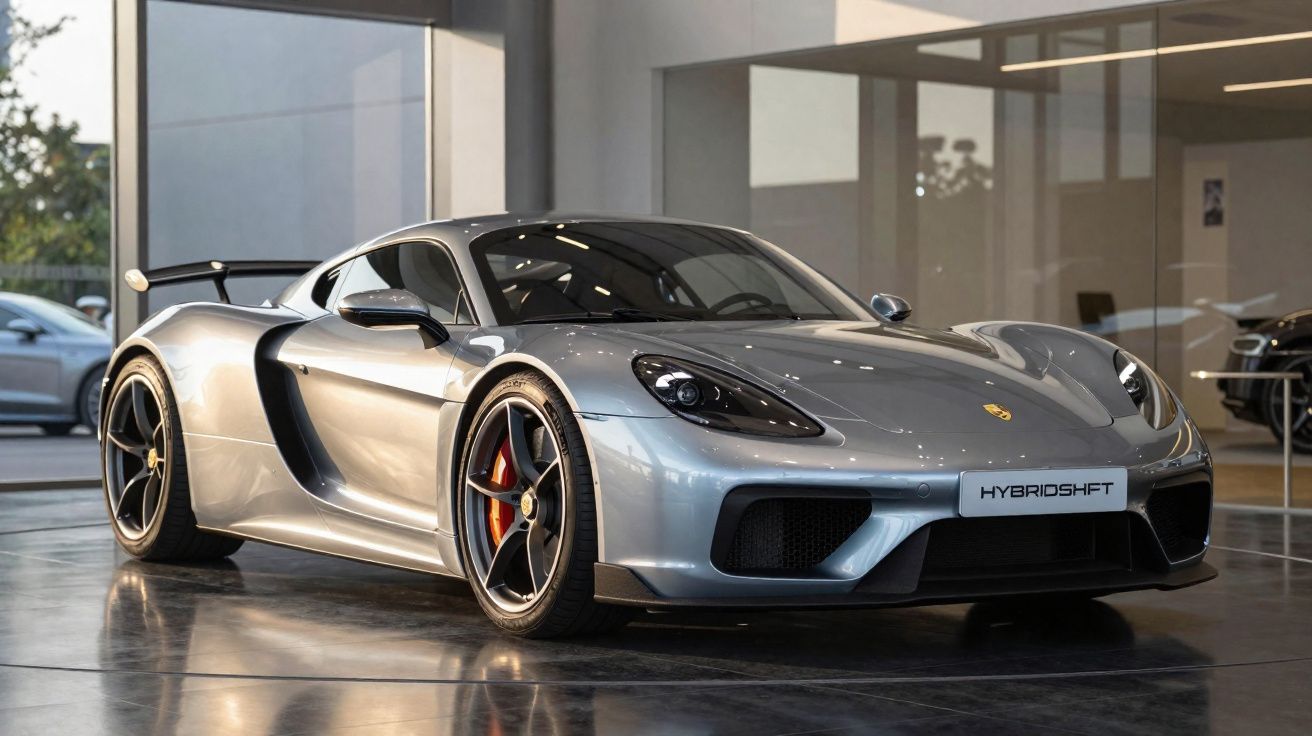 Carro desportivo Porsche prata estacionado em showroom moderno com chão reflexivo.