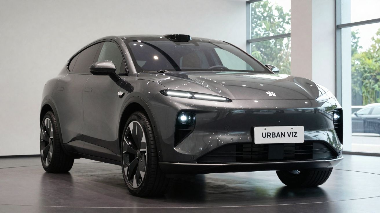 Carro elétrico cinzento Urban EV com design moderno, exibido em sala de exposição com janelas grandes.