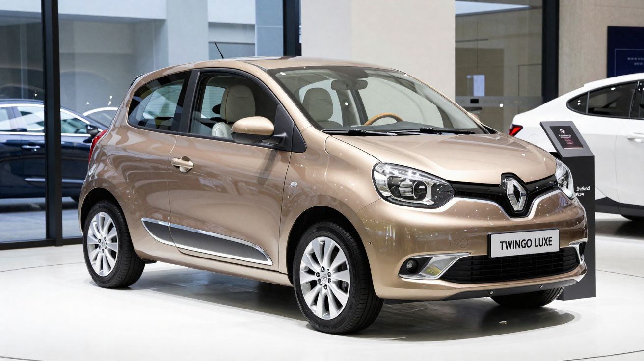 Carro compacto Renault Twingo Luxe dourado exposto em salão automóvel moderno.