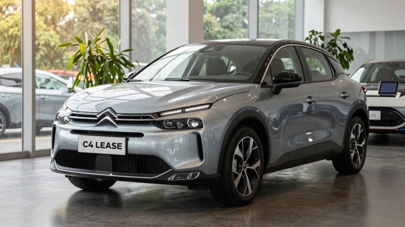 Automóvel Citroën C4 cinza estacionado em showroom com luz natural a entrar pelas janelas grandes.