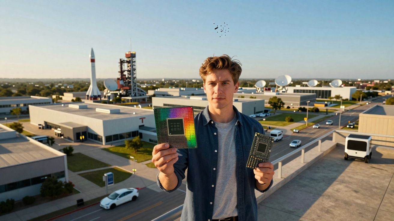 Homem segurando dois chips eletrónicos com instalações aeroespaciais ao fundo durante o dia.
