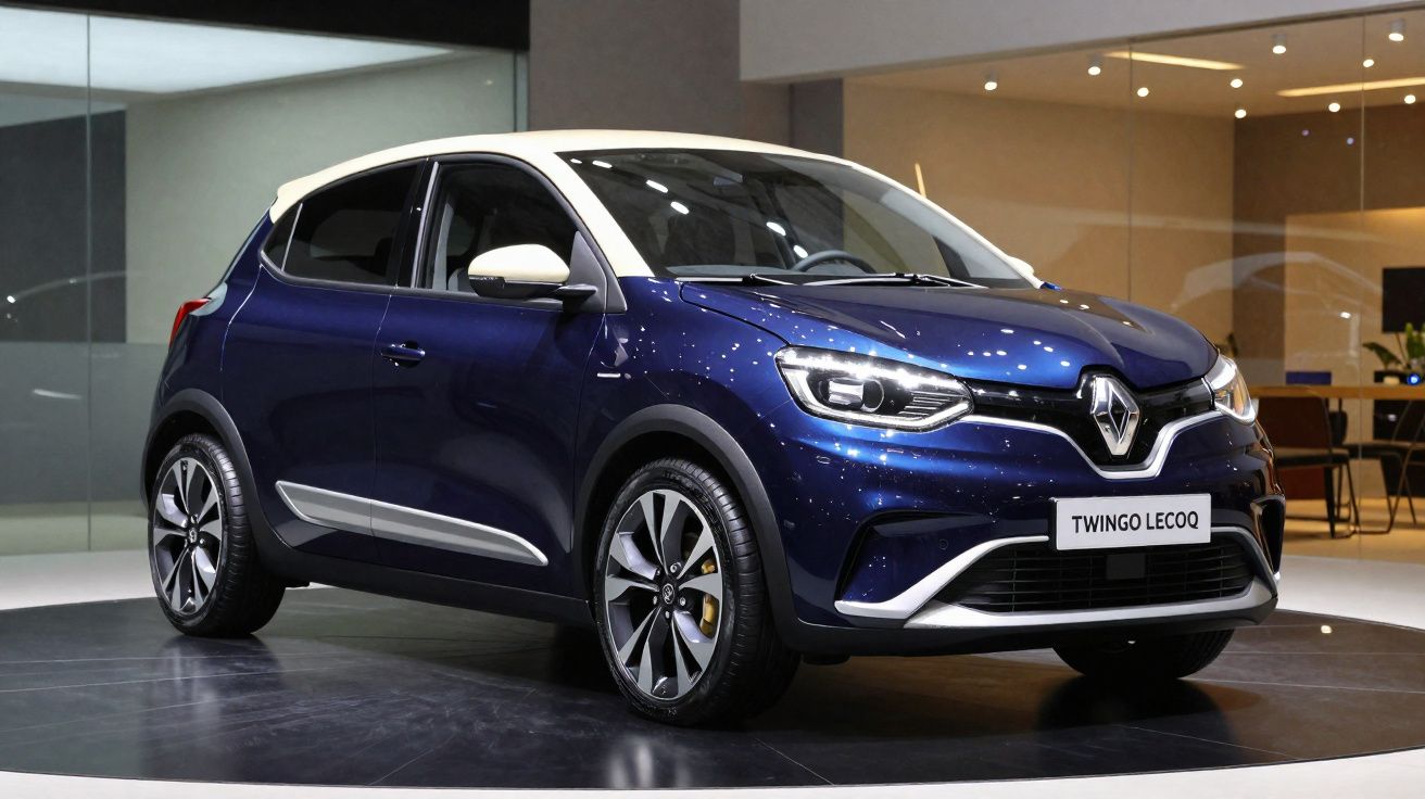 Carro Renault Twingo Lecoq azul com tejadilho branco exposto em salão automóvel moderno.