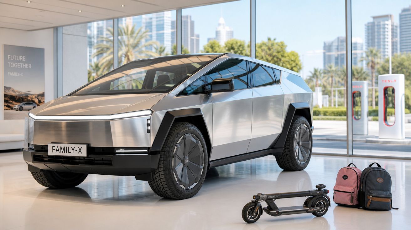 Carro elétrico futurista FAMILY-X estacionado numa sala com sacos e trotinetes elétricas ao lado.
