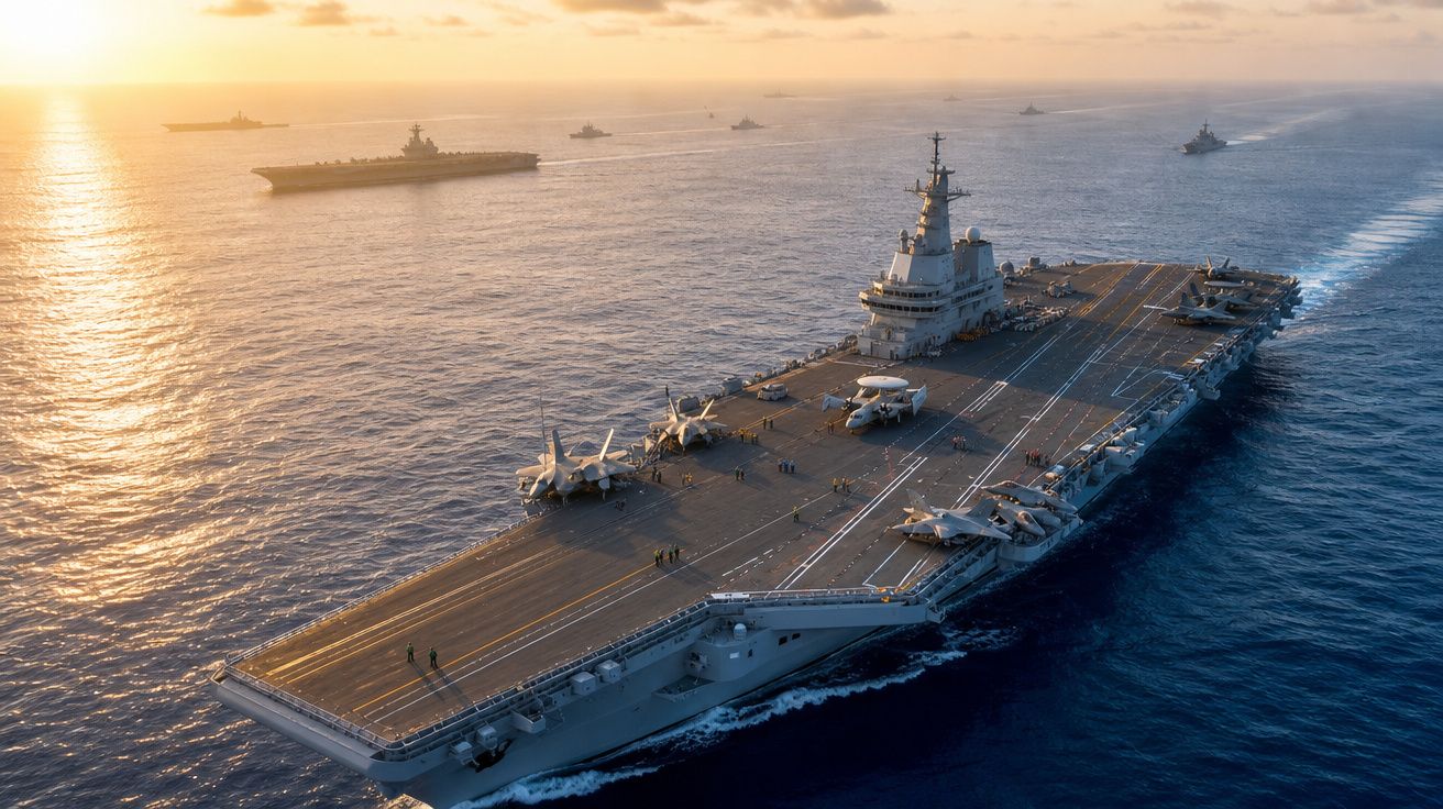 Porta-aviões militar em mar aberto ao pôr do sol com aviões de combate no convés e outros navios ao fundo.