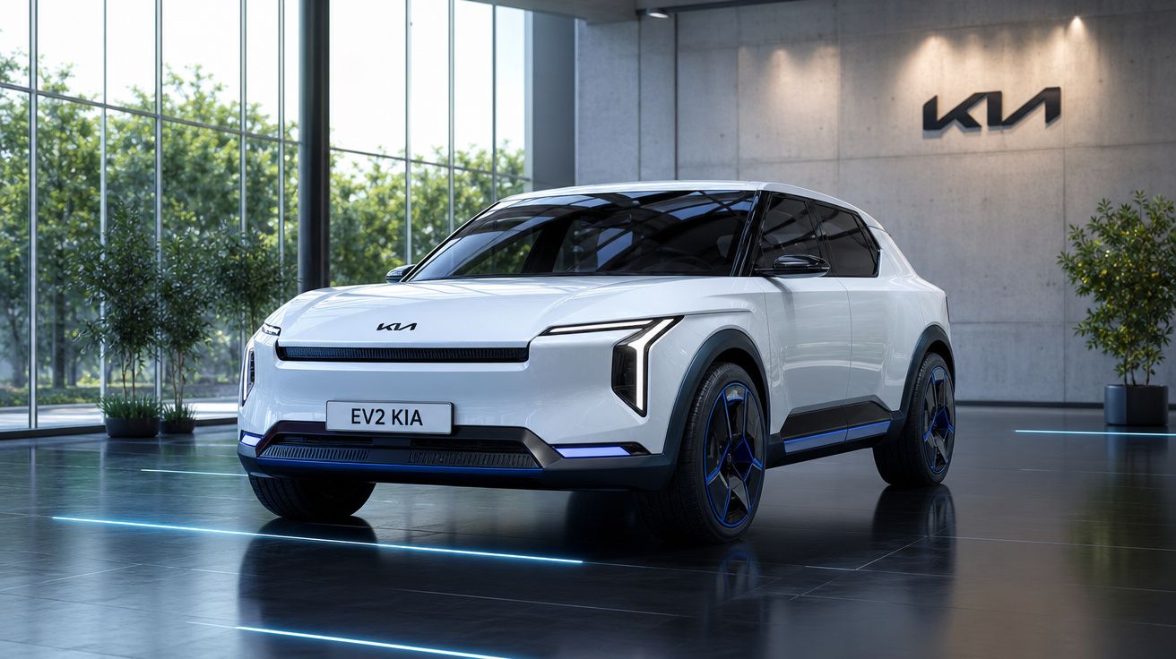 Carro elétrico Kia EV2 branco num showroom moderno com logo Kia na parede de fundo.
