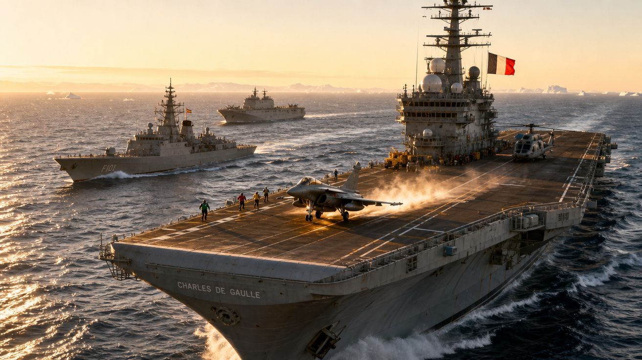 Porta-aviões Charles de Gaulle na marinha francesa com caça a descolar ao pôr do sol e dois navios militares ao fundo.