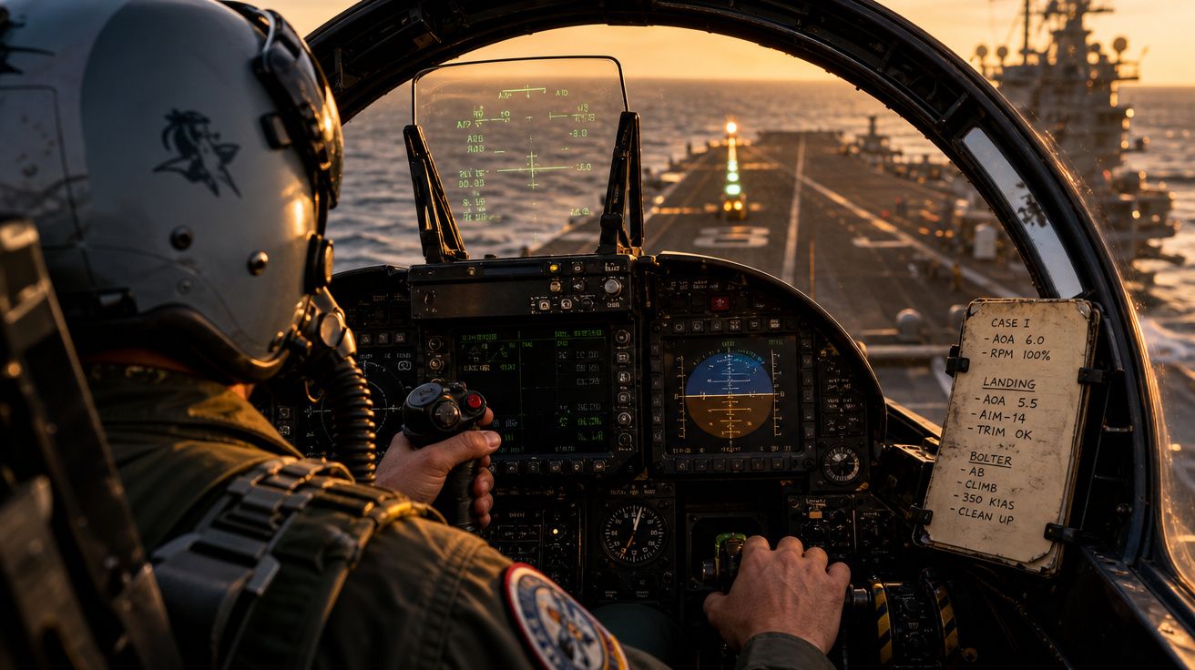 Piloto militar no cockpit de um caça, a aproximar-se de porta-aviões ao pôr do sol.