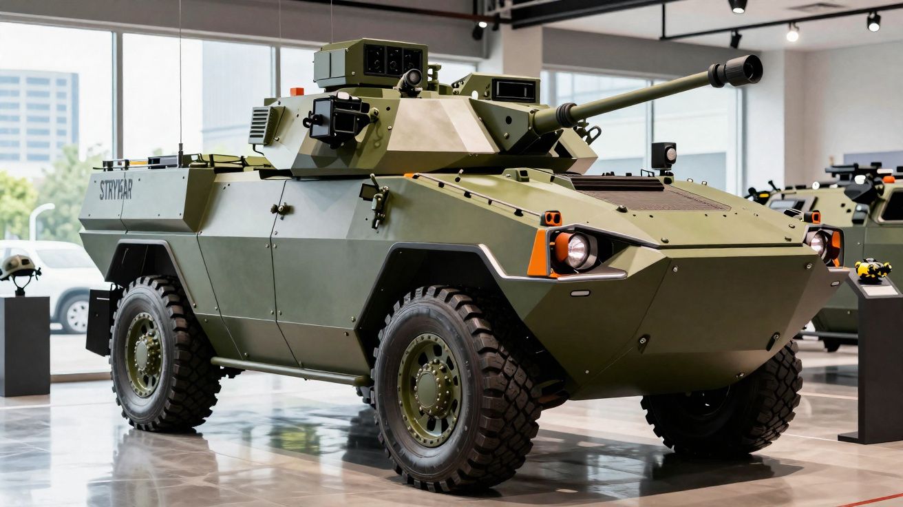 Veículo blindado militar verde com canhão e rodas robustas em exposição interior moderna.