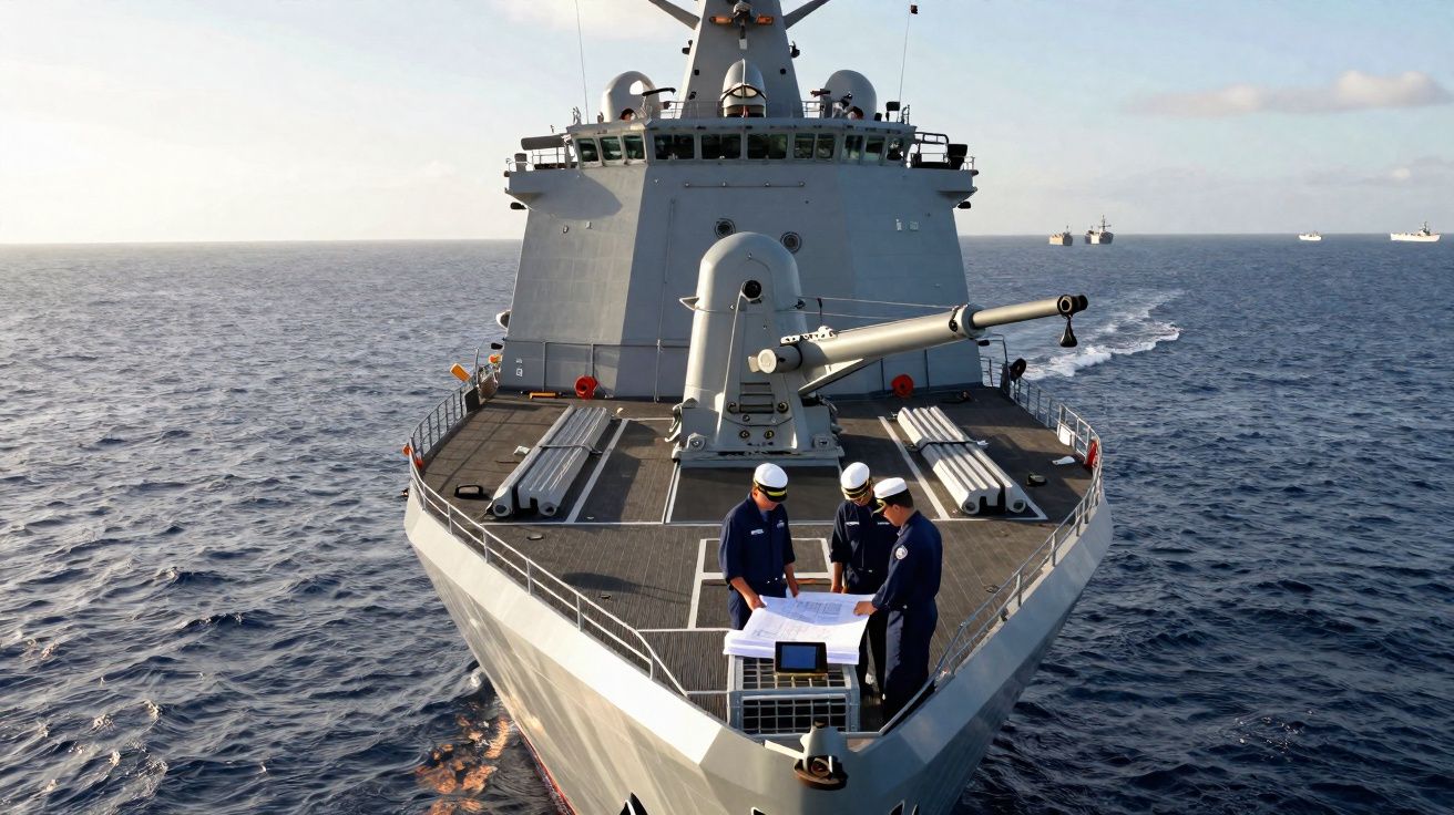 Navio militar no mar com três tripulantes em uniforme a analisar mapas no convés dianteiro.