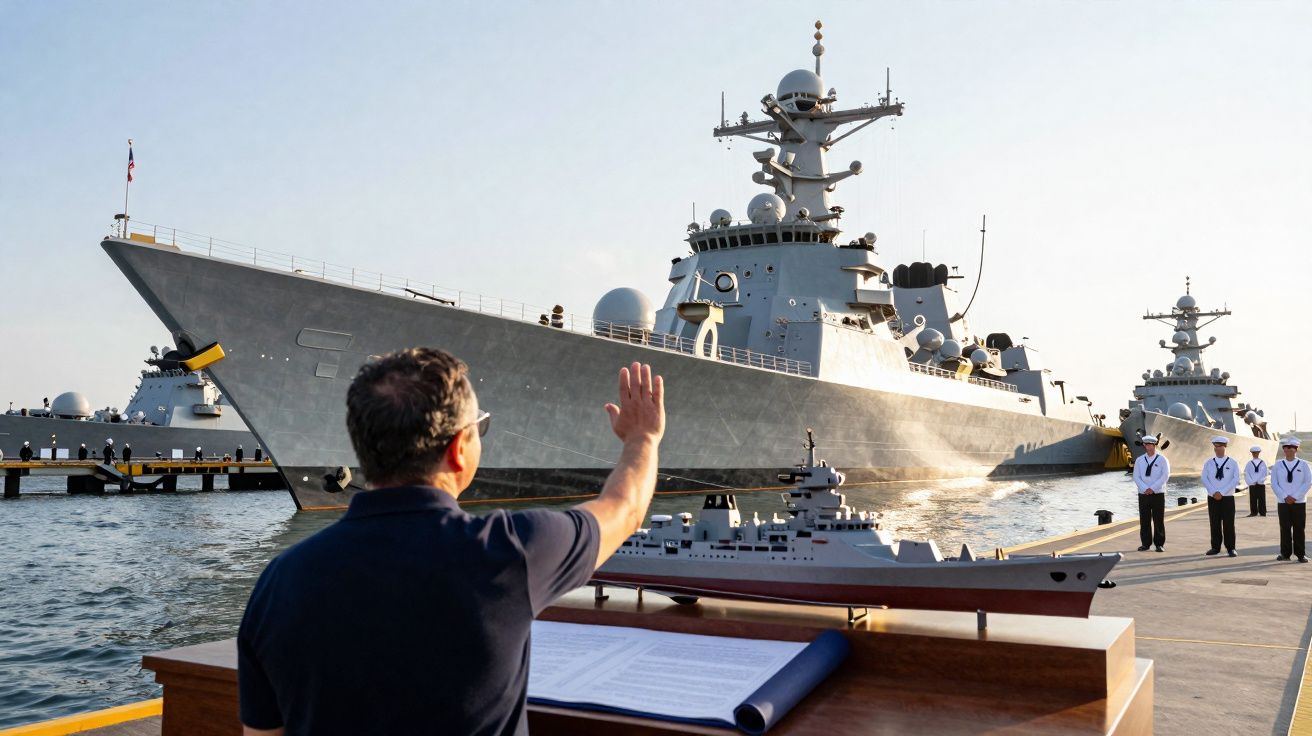 Homem acena para navio de guerra cinzento atracado com modelos de navios e marinheiros em cais.