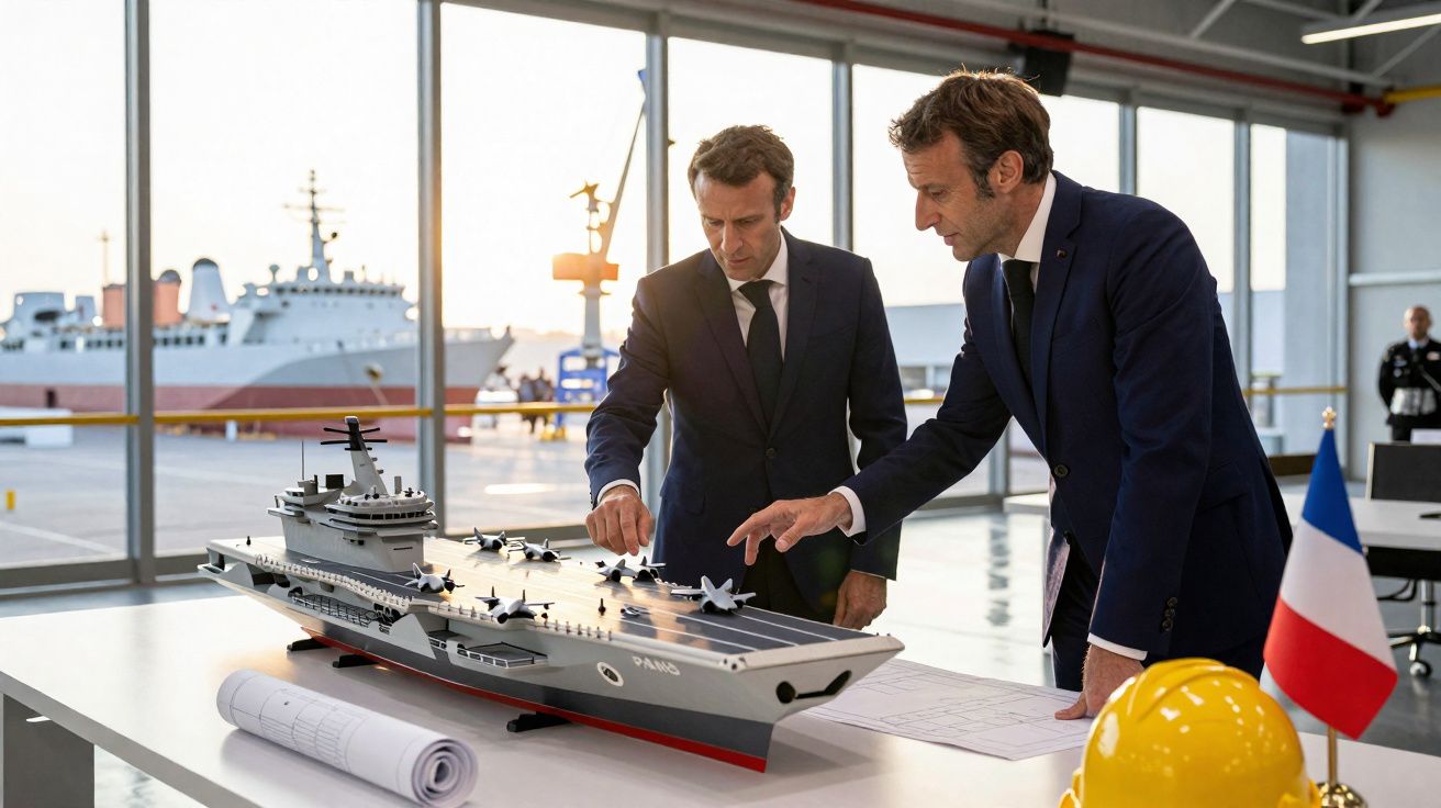 Dois homens de fato observam maquete de porta-aviões num salão com vista para doca e navio ao fundo.