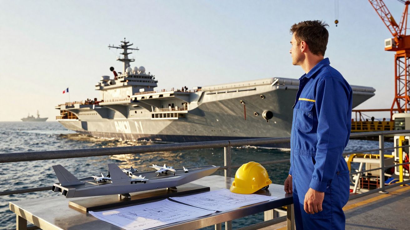 Homem de azul e capacete amarelo junto a maquete de porta-aviões e plano, com navio militar ao fundo no mar.