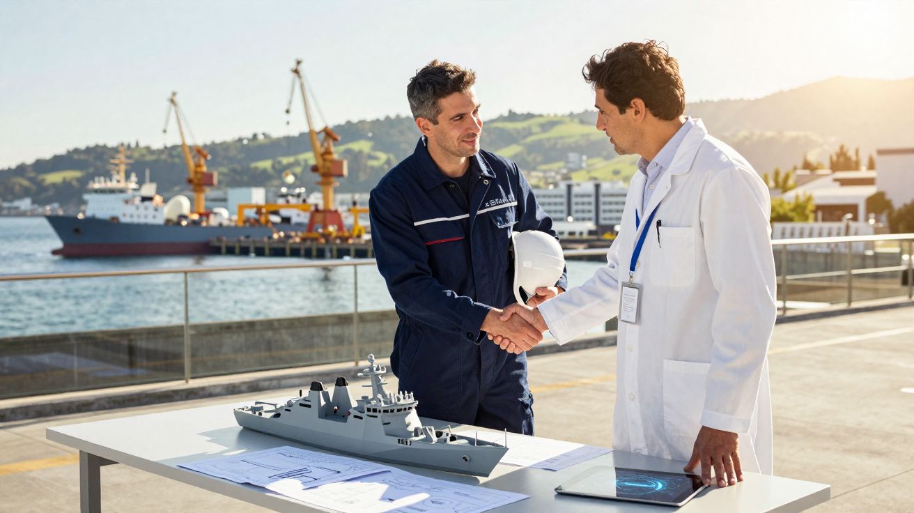 Dois homens cumprimentam-se junto a um modelo de navio de guerra numa doca com gruas e navios ao fundo.