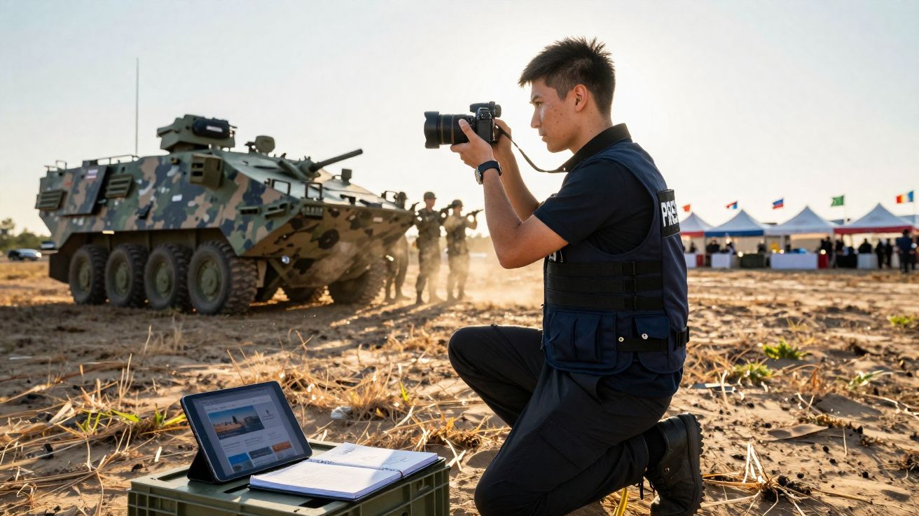 Jornalista com colete à prova de bala fotografa veículo militar camuflado em campo aberto com tablet e caderno ao lado.