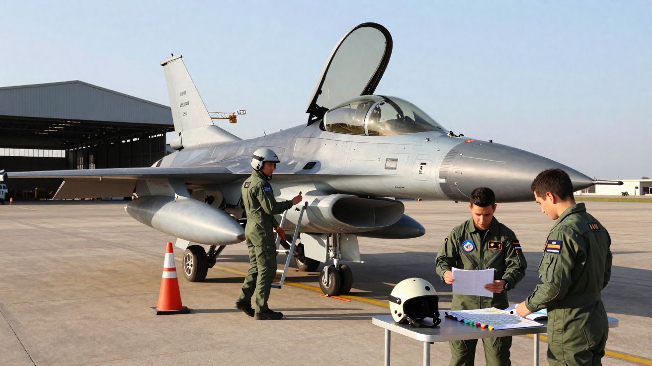 Caça militar estacionado numa pista com três pilotos em uniforme e capacete, preparando voo.