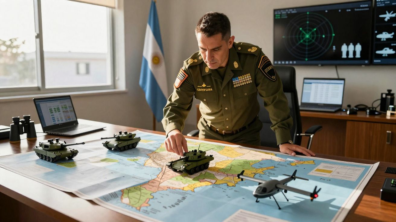 Oficial militar argentino planeia estratégia com tanques e drone sobre mapa estendido numa sala de comando.