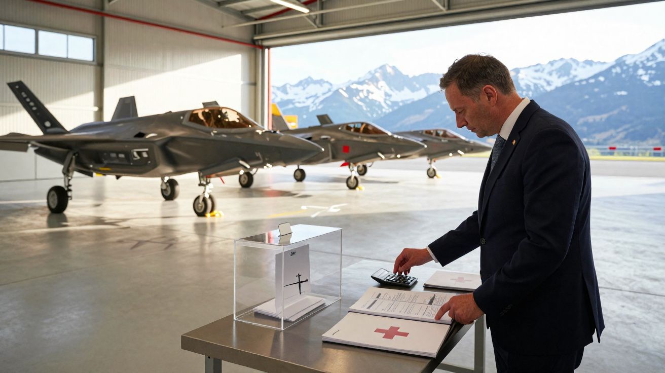 Homem de fato a usar calculadora numa mesa com documentos e caixa transparente em hangar com três aviões militares.