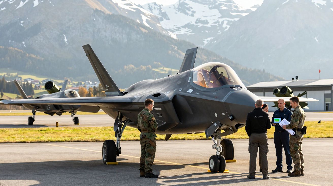 Quatro militares junto a um caça F-35 estacionado numa pista com montanhas nevadas ao fundo.