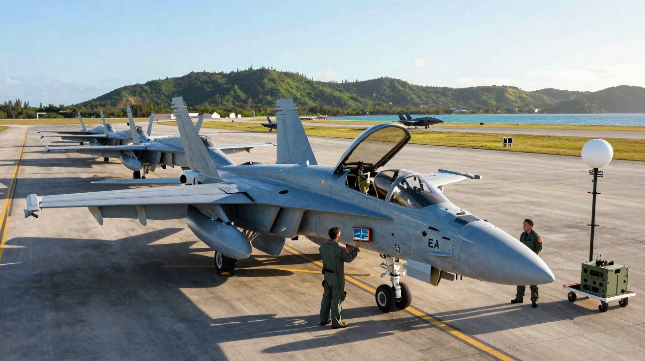 Caças estacionados num aeródromo com dois pilotos perto de um avião preparado para voo.