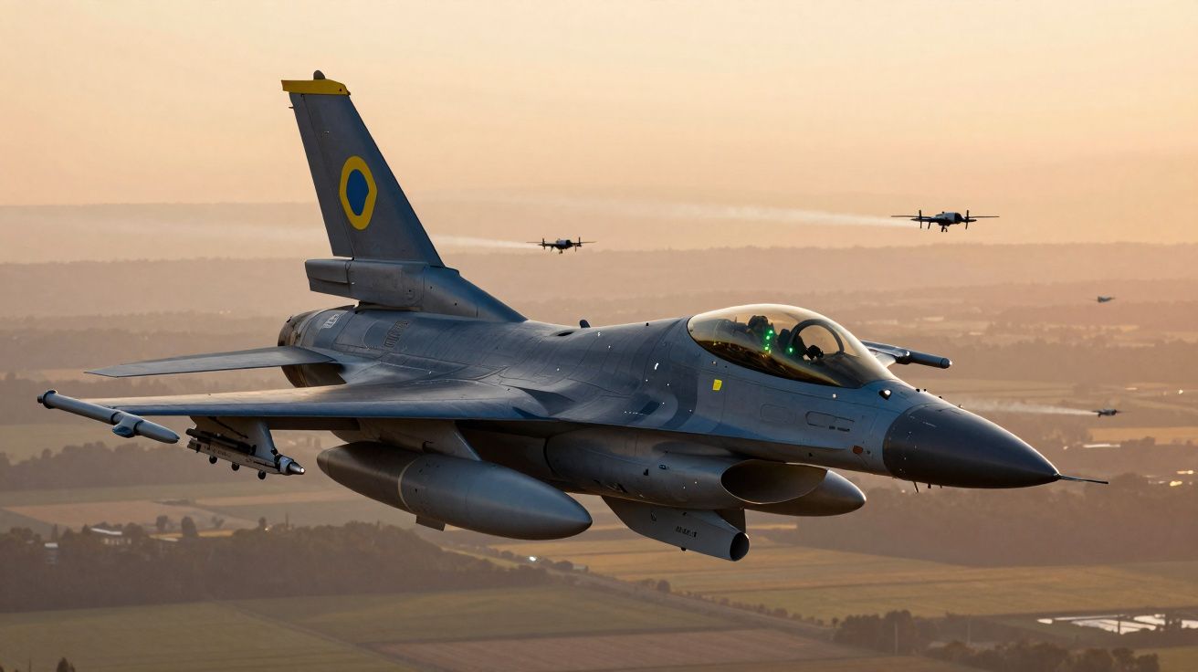 Caça militar voando com a formação de aviões na paisagem ao pôr do sol.