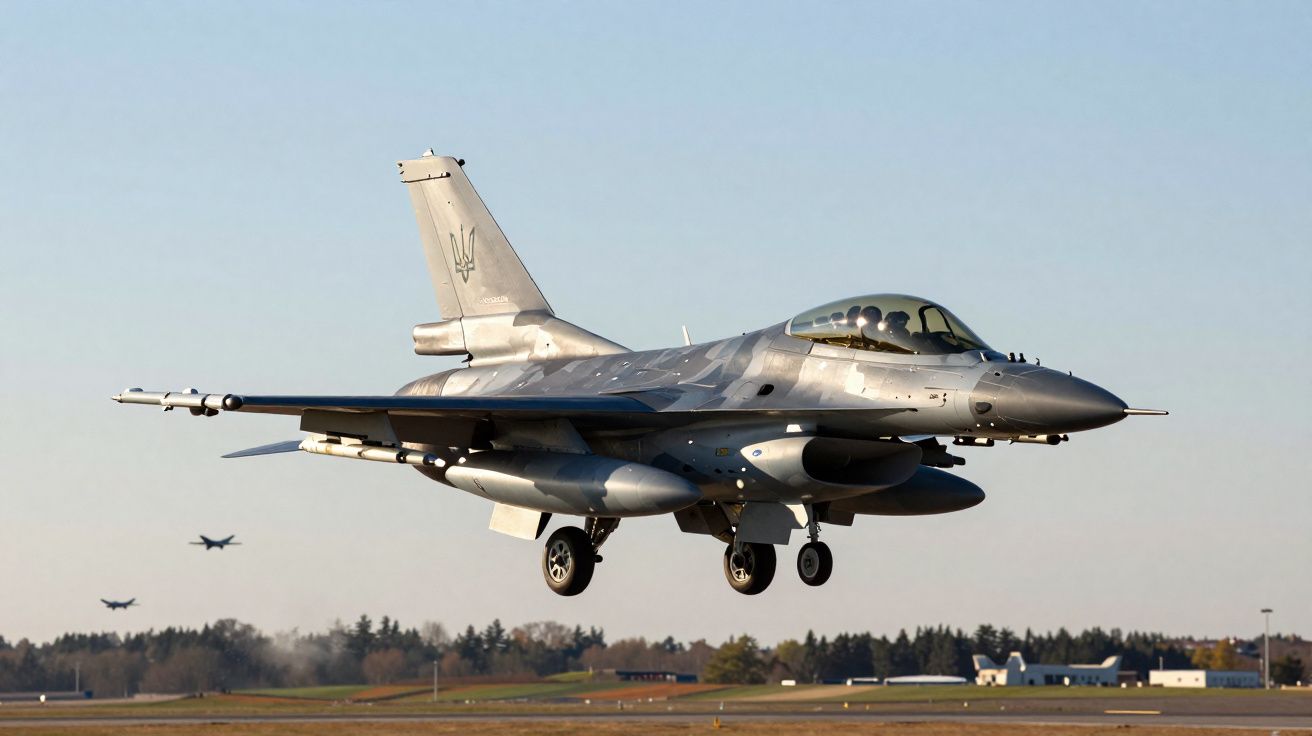 Avião de caça a jato militar a aproximar-se para aterrar com dois aviões ao fundo no céu.