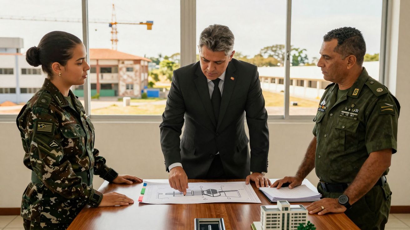 Três pessoas, duas militares e um homem de fato, discutem planta arquitetónica numa sala iluminada.