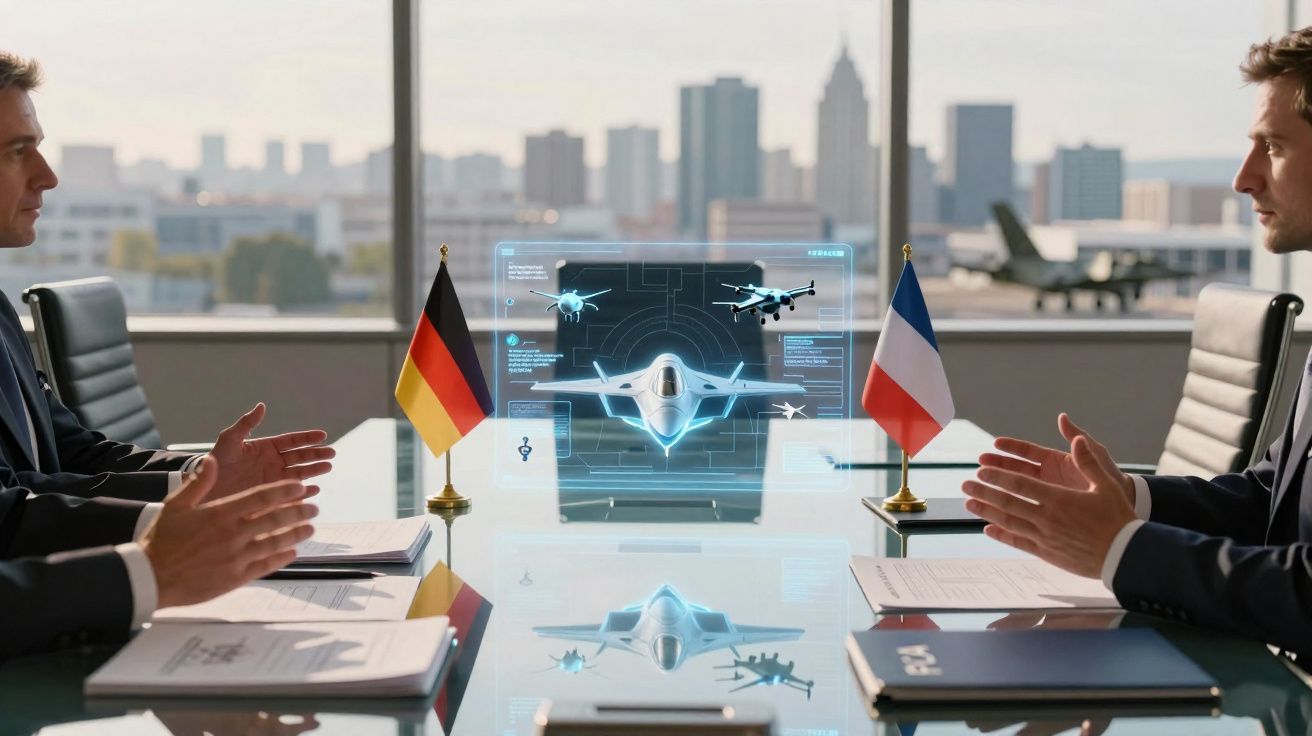 Dois homens em reunião com bandeiras da Alemanha e França e holograma de jatos de combate sobre a mesa.