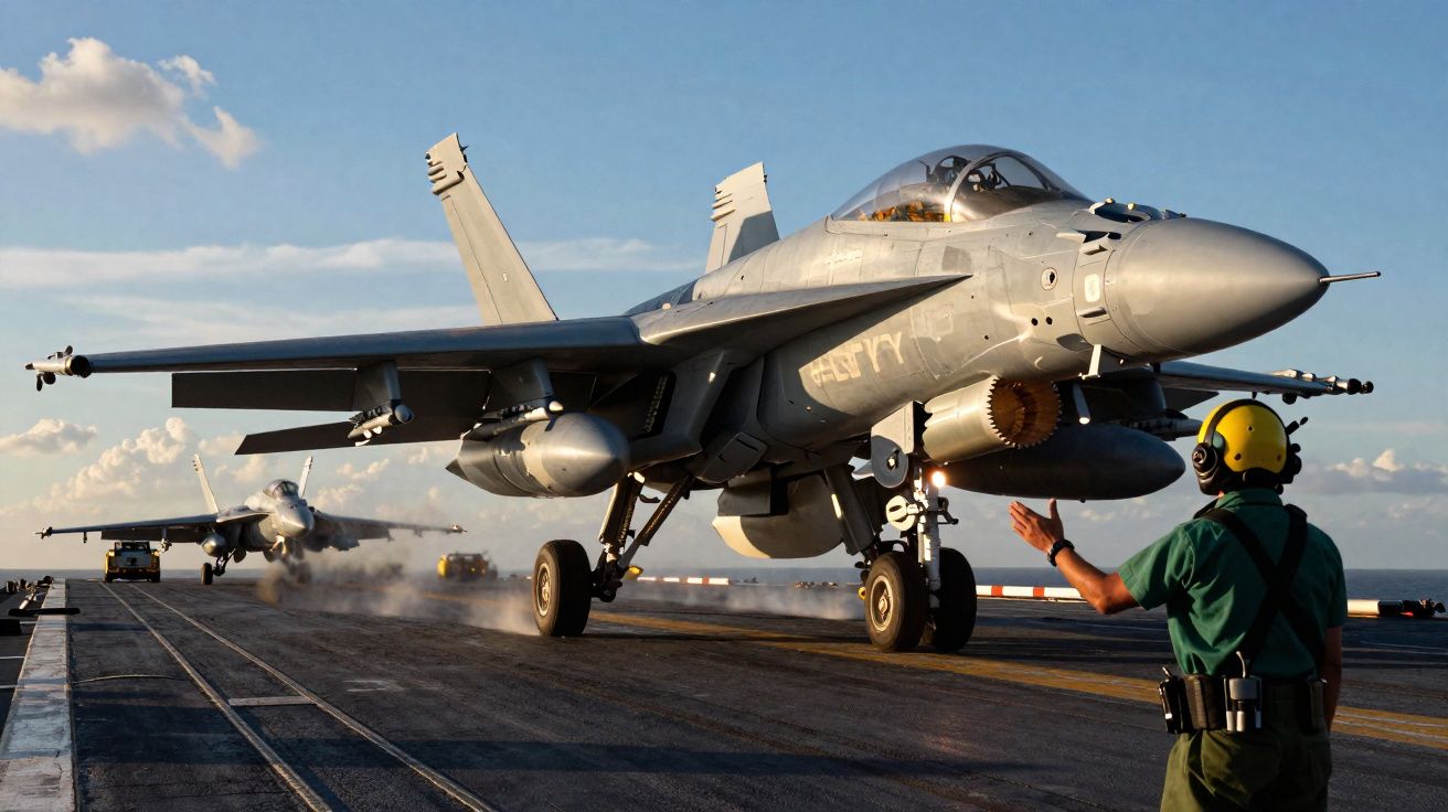 Avião militar na pista de um porta-aviões com operador a dirigir operações de voo.