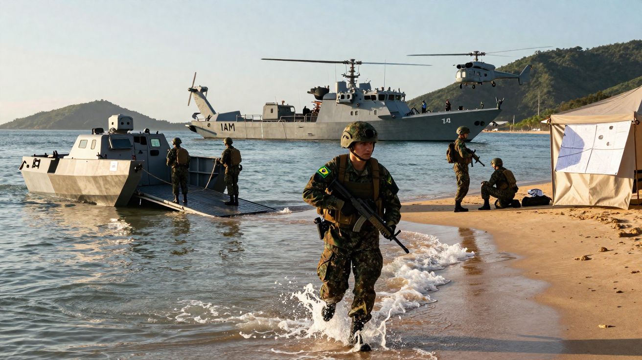 Soldados em exercício militar na praia, com barcos e helicóptero naval ao fundo em ambiente costeiro.