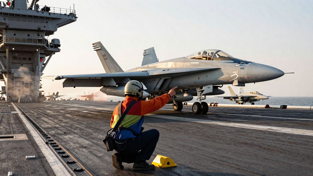 Marinheiro a orientar caça F-18 na plataforma de um porta-aviões em alto mar.