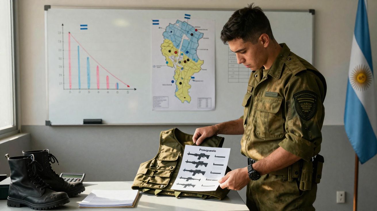Soldado em uniforme militar consulta cartaz com imagens de armas, em sala com mapas e bandeira da Argentina.