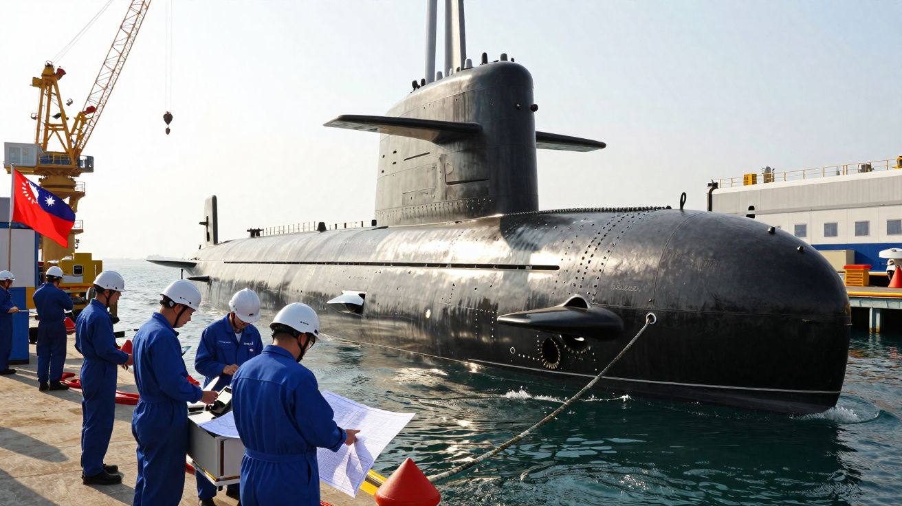 Submarino preto ancorado num porto com trabalhadores de capacete e uniformes azuis ao lado, e uma grua amarela ao fundo.