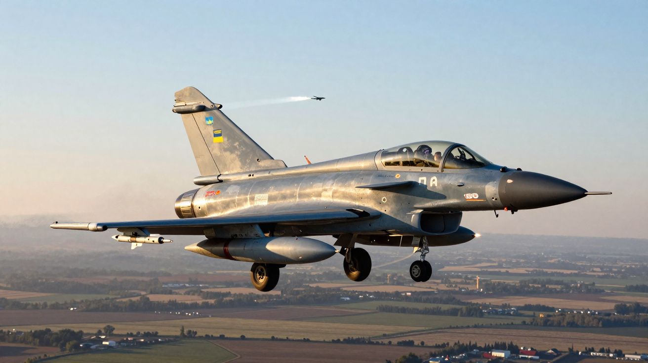 Avião de caça militar em voo baixo sobre paisagem rural ao pôr do sol.