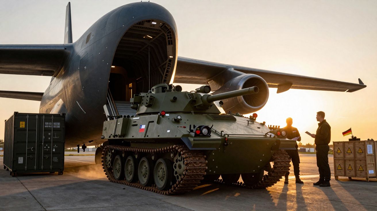 Tanque militar verde a ser carregado num avião de carga grande ao pôr do sol, com dois homens ao lado.
