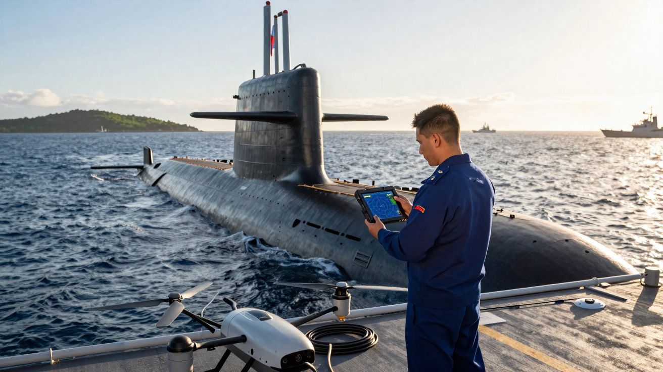 Homem em uniforme naval a operar drone ao lado de submarino na água durante o pôr do sol.
