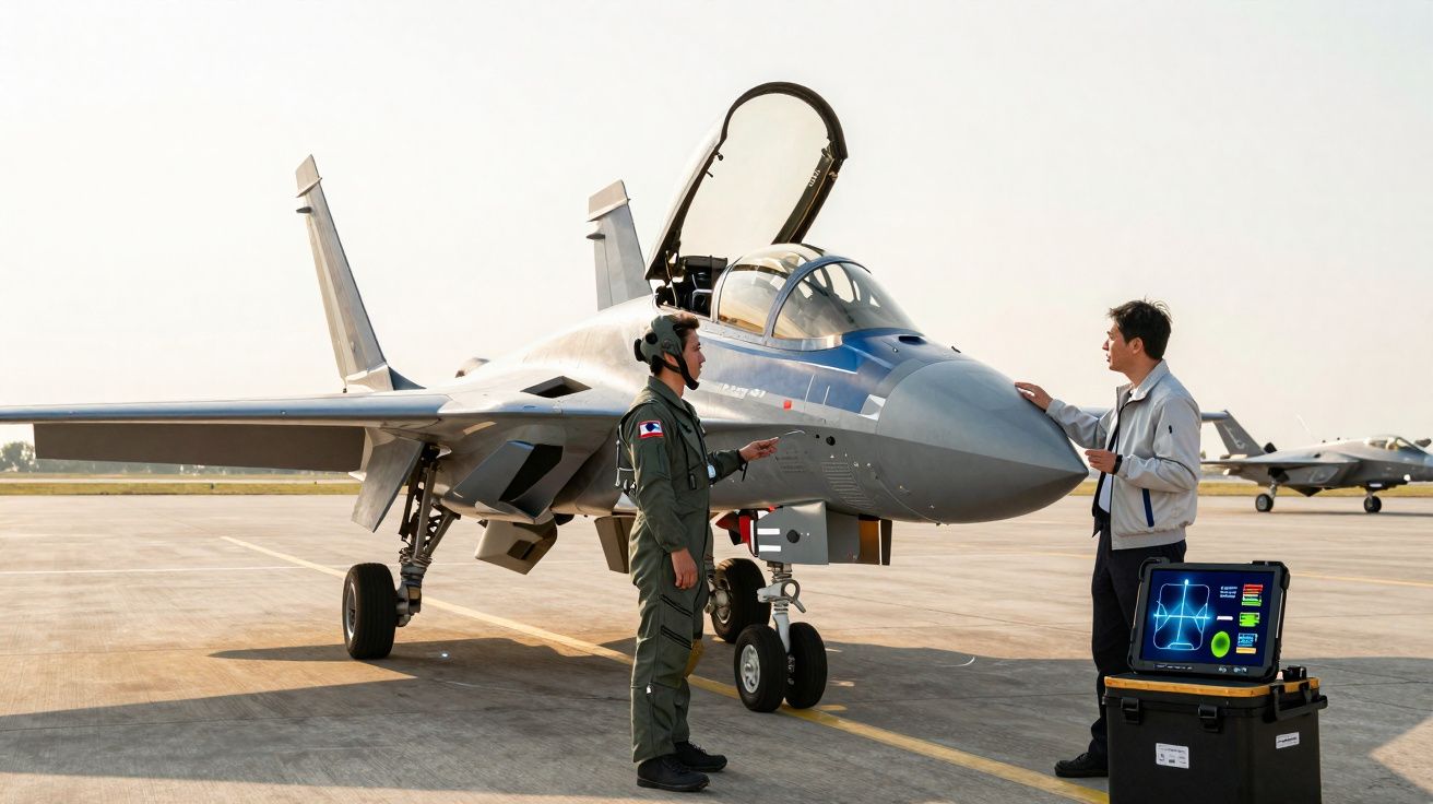 Dois homens junto a um caça moderno estacionado numa pista, com computador portátil ligado ao avião.