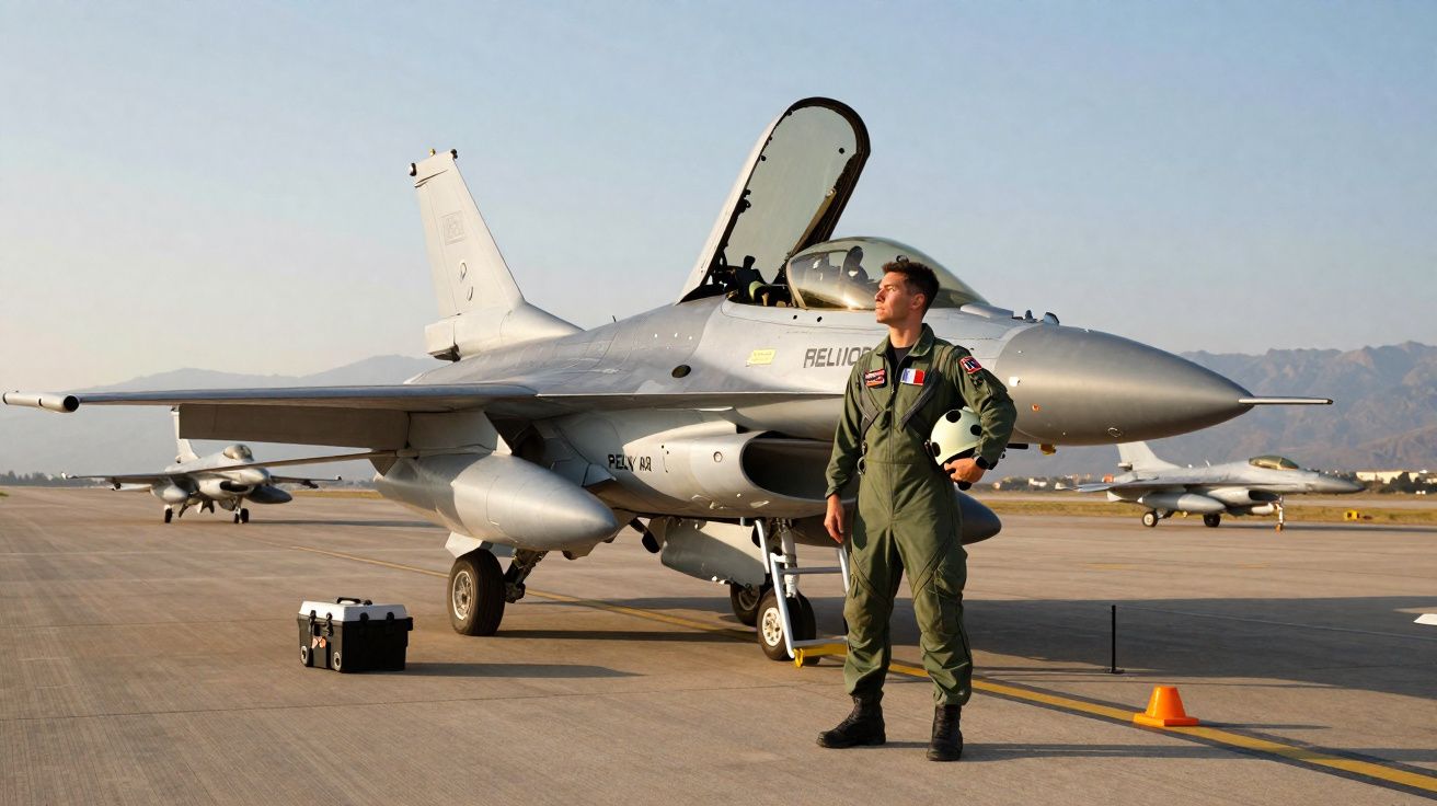 Piloto militar em fato verde posa com capacete junto a avião de caça estacionado na pista.