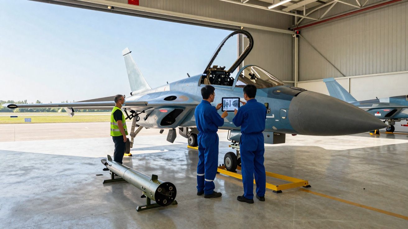 Dois técnicos analisam informações em tablet junto a caça militar numa hangar, com um dispositivo removível no chão.
