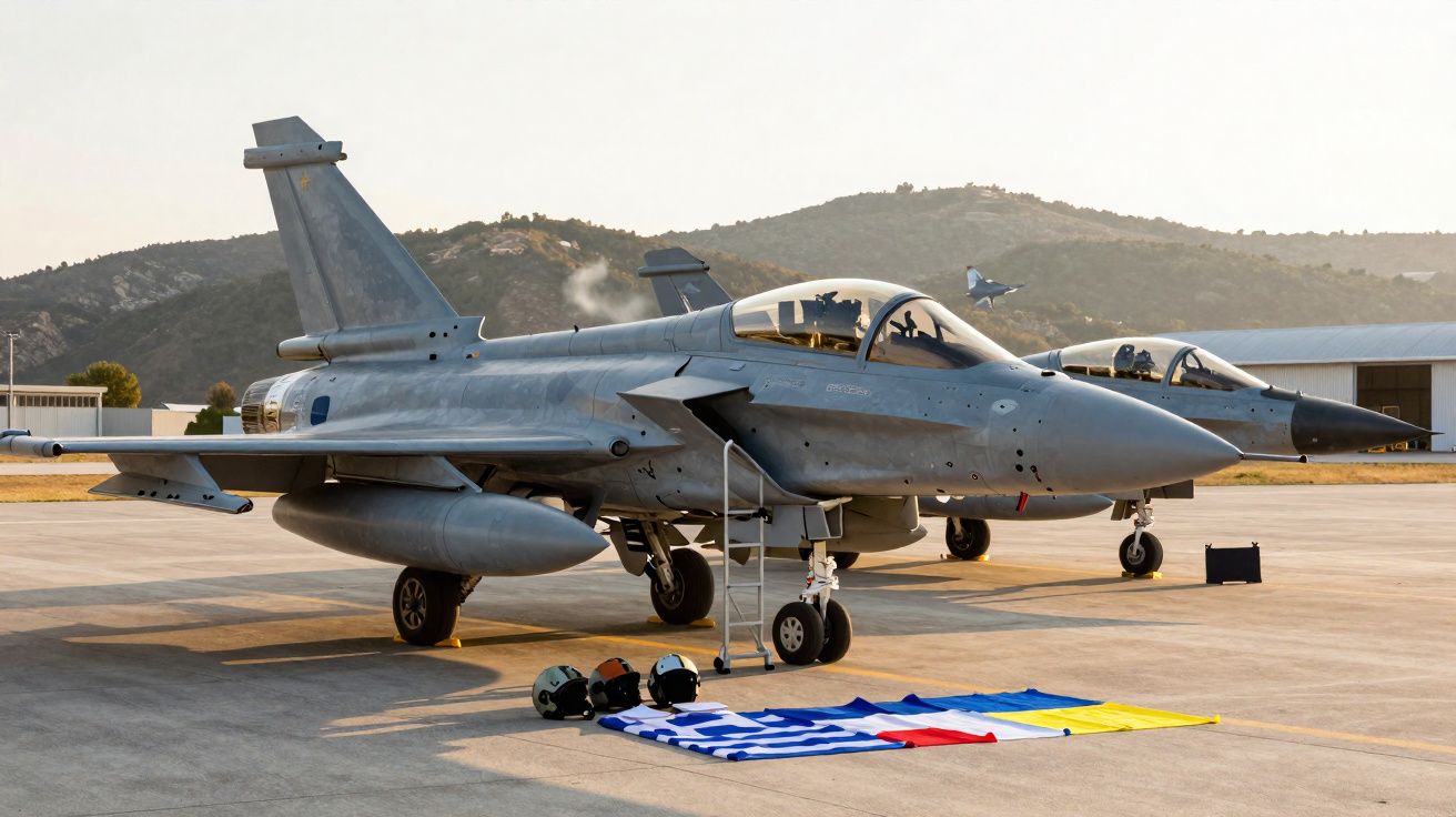 Dois caças militares estacionados num aeroporto com capacetes e bandeiras no chão.