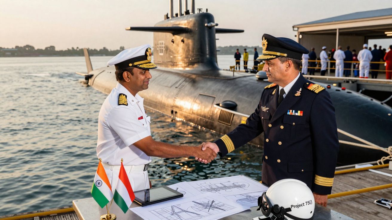 Dois oficiais militares apertam as mãos junto a um submarino ancorado, com plantas técnicas e bandeiras da Índia num cais.