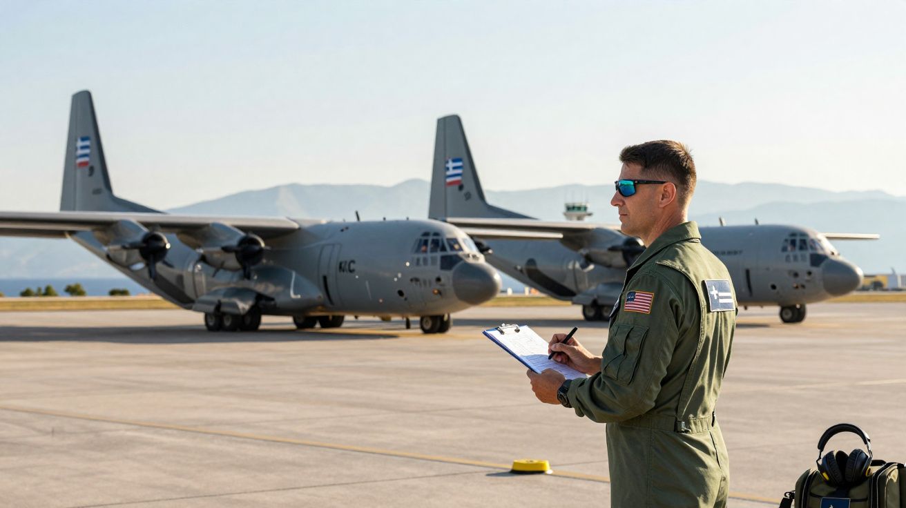 Militar com uniforme e óculos escuros faz anotações com dois aviões militares estacionados na pista ao fundo.