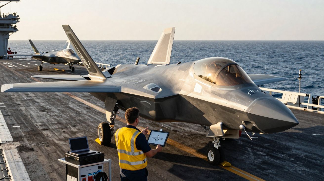 Fuzileiro naval com colete amarelo junto a caça F-35 em porta-aviões no mar, ao pôr do sol.
