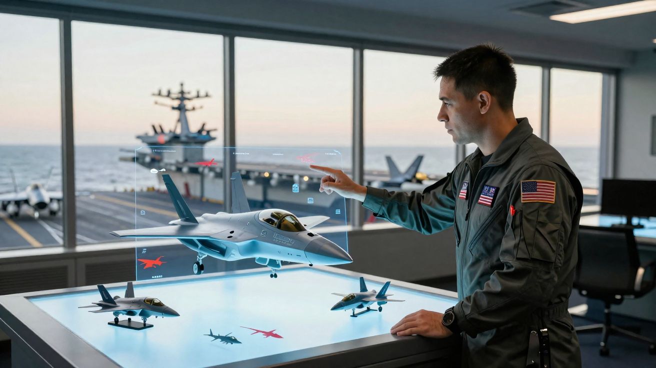 Homem em uniforme militar interage com modelo digital de avião de combate numa mesa com monitor táctil.