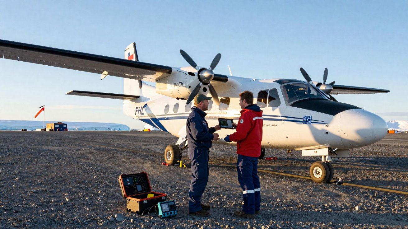 Dois homens em roupas de missão com equipamentos técnicos ao lado de um avião pequeno num terreno rochoso.