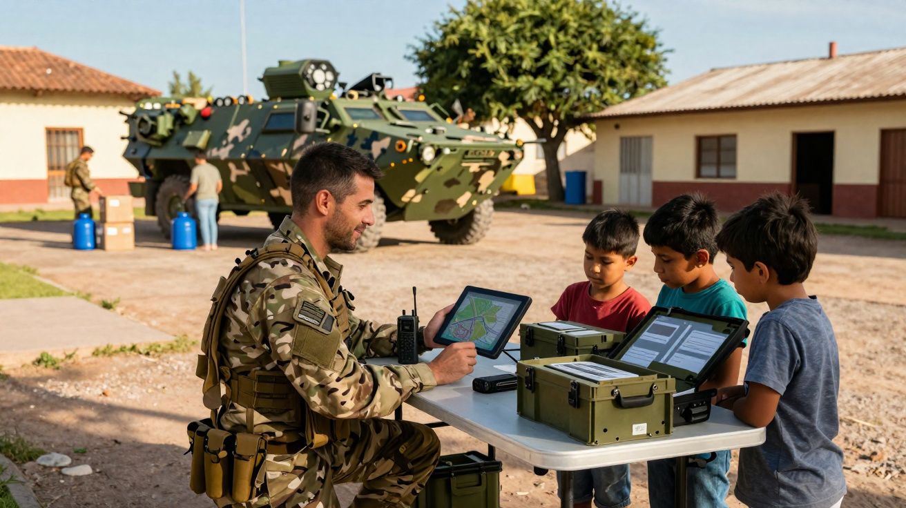 Soldado em uniforme camuflado usa tablet para ensinar três crianças junto a veículo militar ao ar livre.