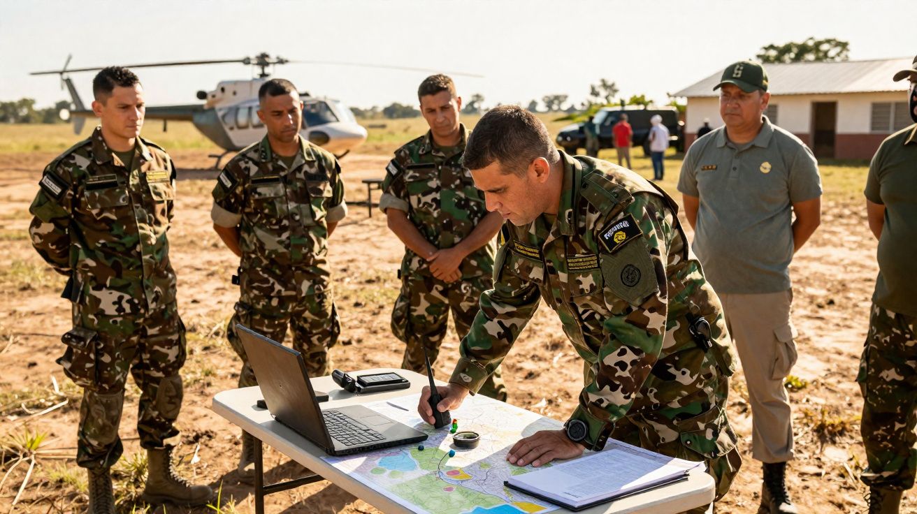 Militares em uniforme camuflado planeiam estratégia num mapa sobre uma mesa ao ar livre, com helicóptero ao fundo.